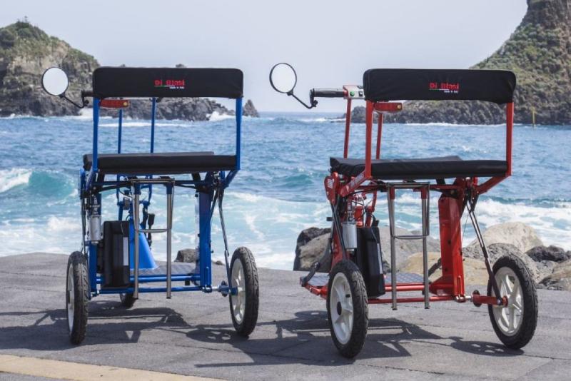 Blue and red Di Blasi R30 folding mobility scooters positioned side by side, with a rocky seaside landscape in the background.