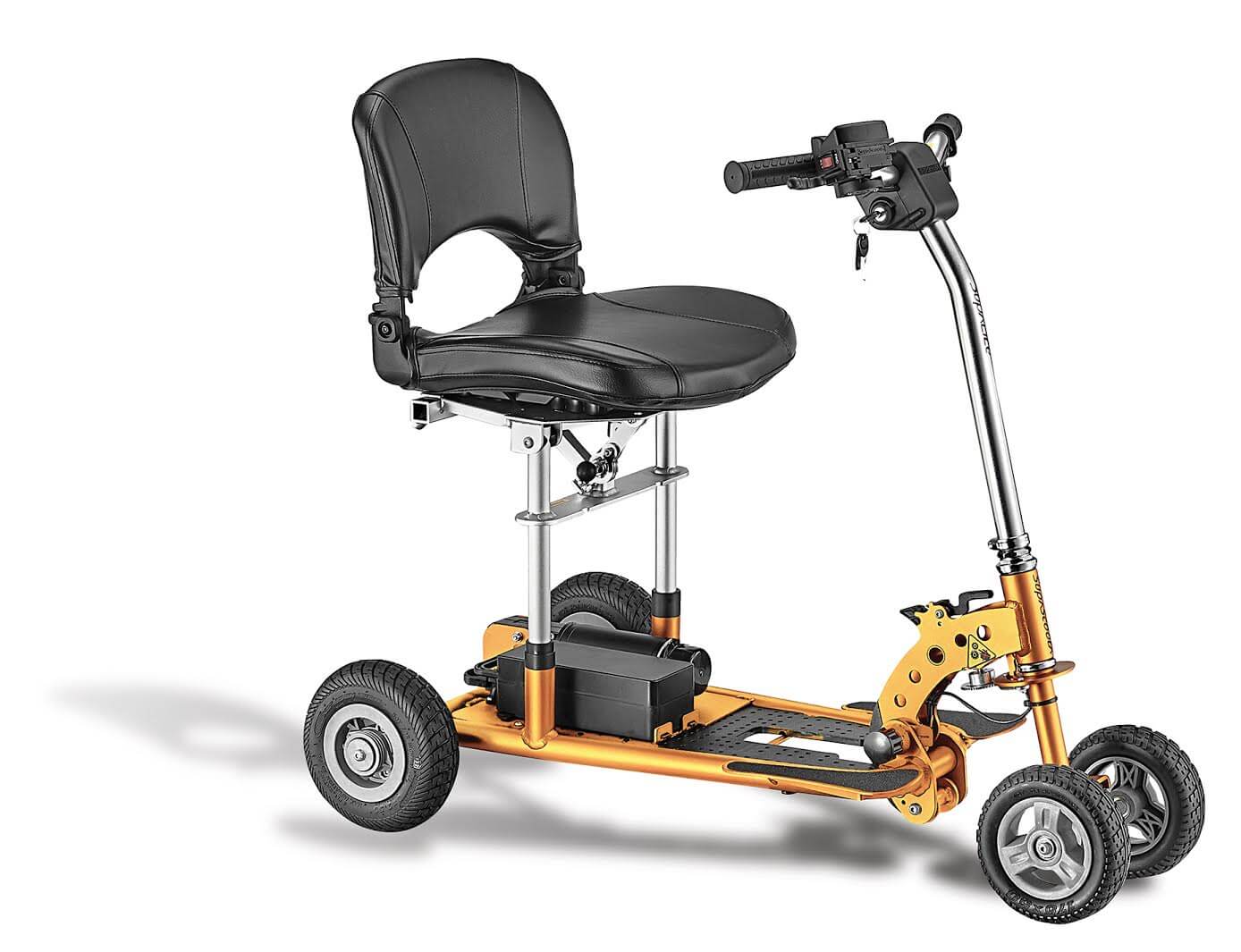 A photo of a yellow SupaLite 4 portable mobility scooter