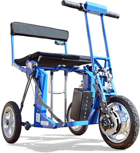 A folding Di Blasi R30 (in blue) lightweight mobility scooter.
