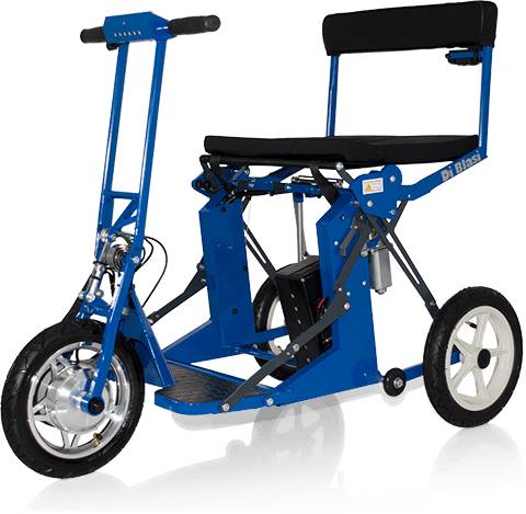 A Blasi R30 folding mobility scooter painted in bright blue, showcasing its compact and sturdy frame, equipped with a comfortable black seat, handlebars for steering, and large wheels.